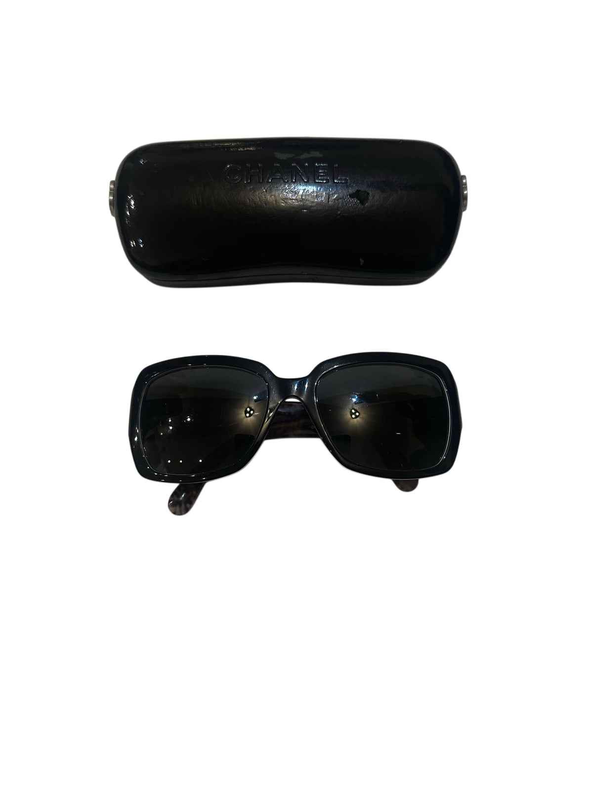 Chanel 5221 Black Square Sunglasses with Tweed-Effect Arms & Case