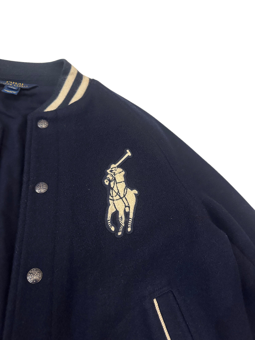 Vintage Polo Ralph Lauren Navy Wool Varsity Jacket | Big Pony Bomber