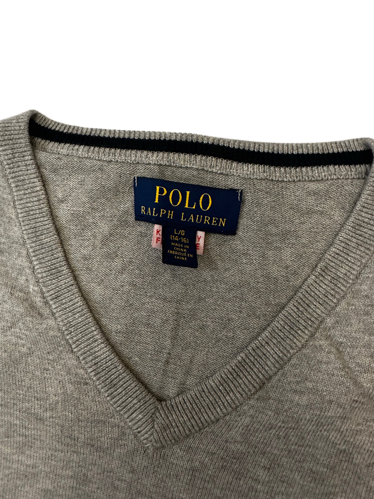Polo Ralph Lauren Grey Fine-Knit V-Neck Sweater – Size L (14–16)