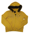 Ralph Lauren Mustard Yellow Zip-Up Knit Hoodie with Faux Fur Trim & Flag Back
