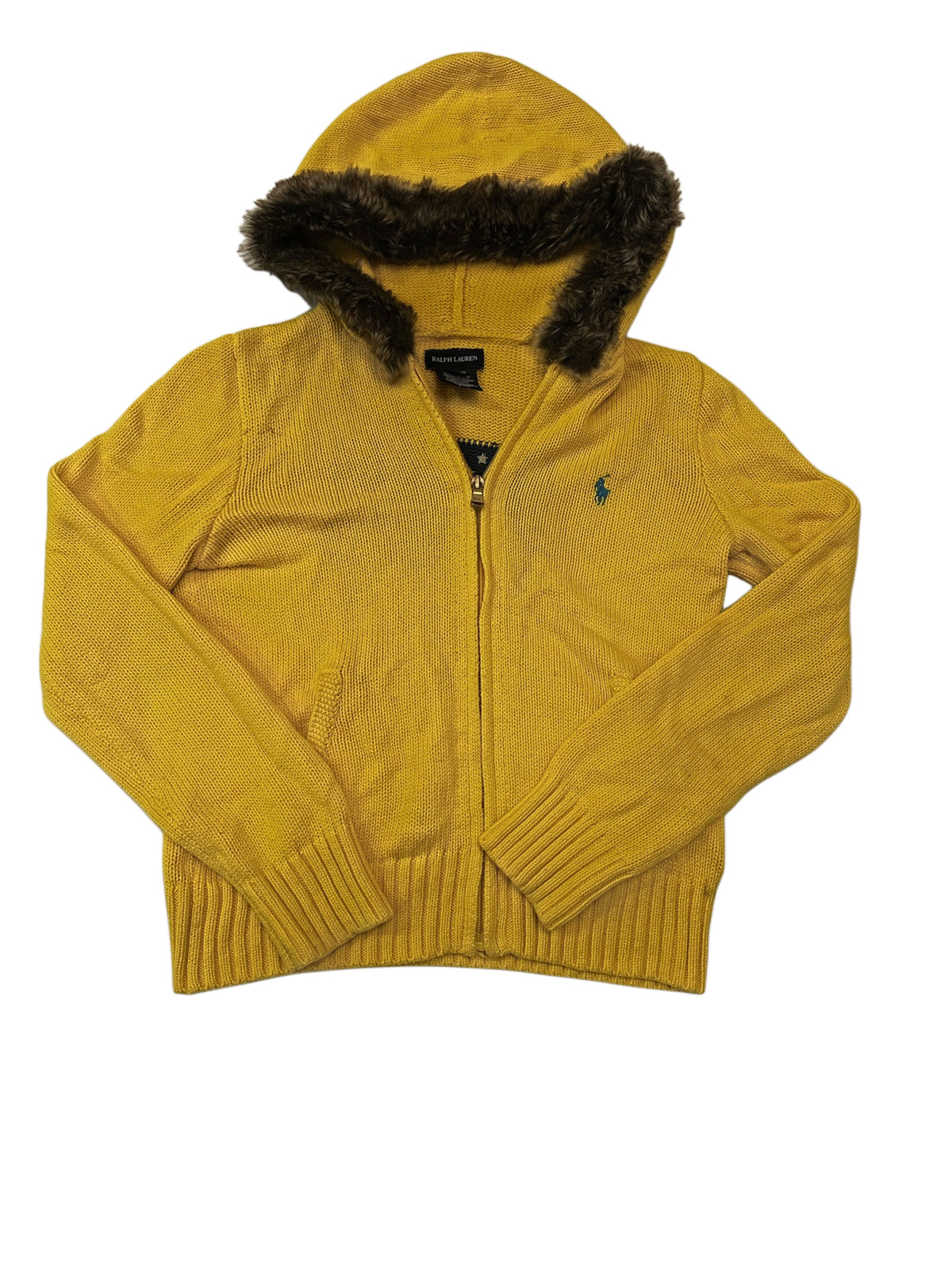 Ralph Lauren Mustard Yellow Zip-Up Knit Hoodie with Faux Fur Trim & Flag Back
