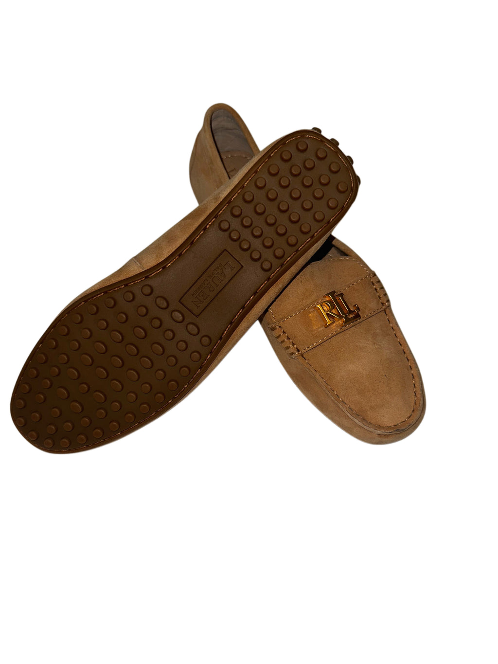 Lauren Ralph Lauren Tan Suede Loafers with Gold RL Logo