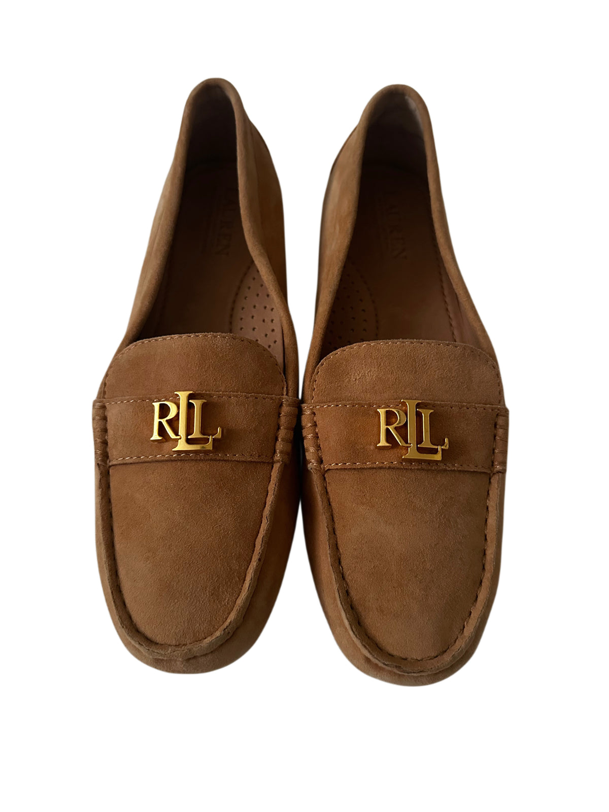 Lauren Ralph Lauren Tan Suede Loafers with Gold RL Logo