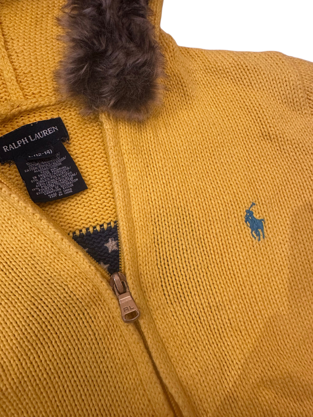 Ralph Lauren Mustard Yellow Zip-Up Knit Hoodie with Faux Fur Trim & Flag Back