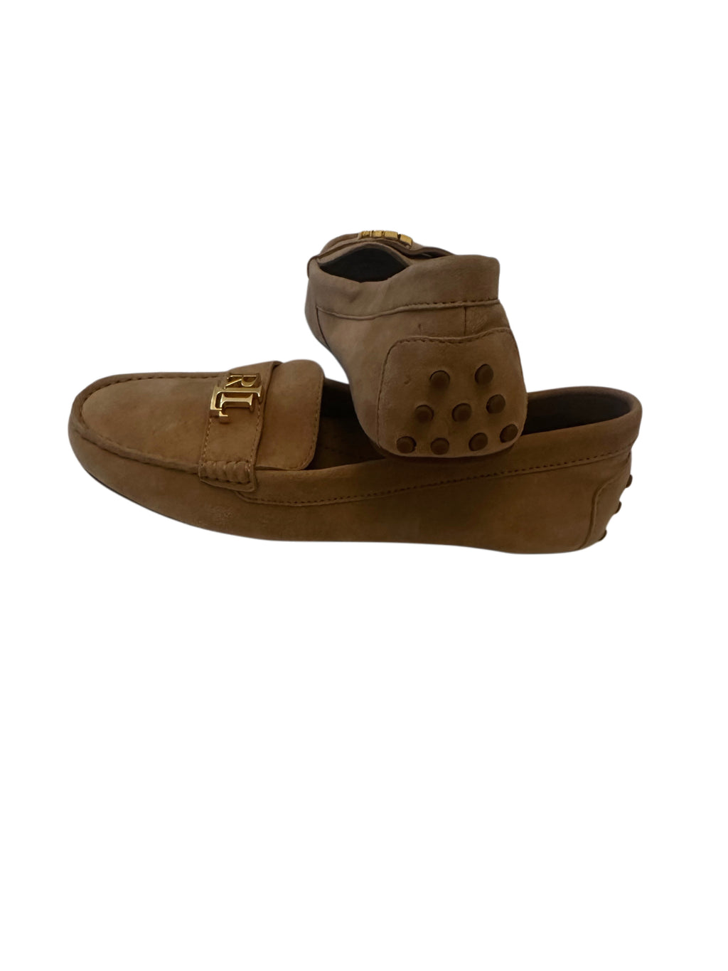 Lauren Ralph Lauren Tan Suede Loafers with Gold RL Logo