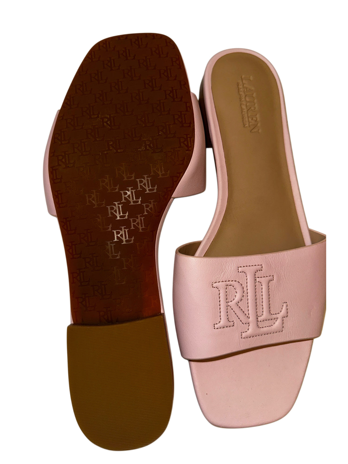 Lauren Ralph Lauren Pink Leather Slide Sandals with RL Logo