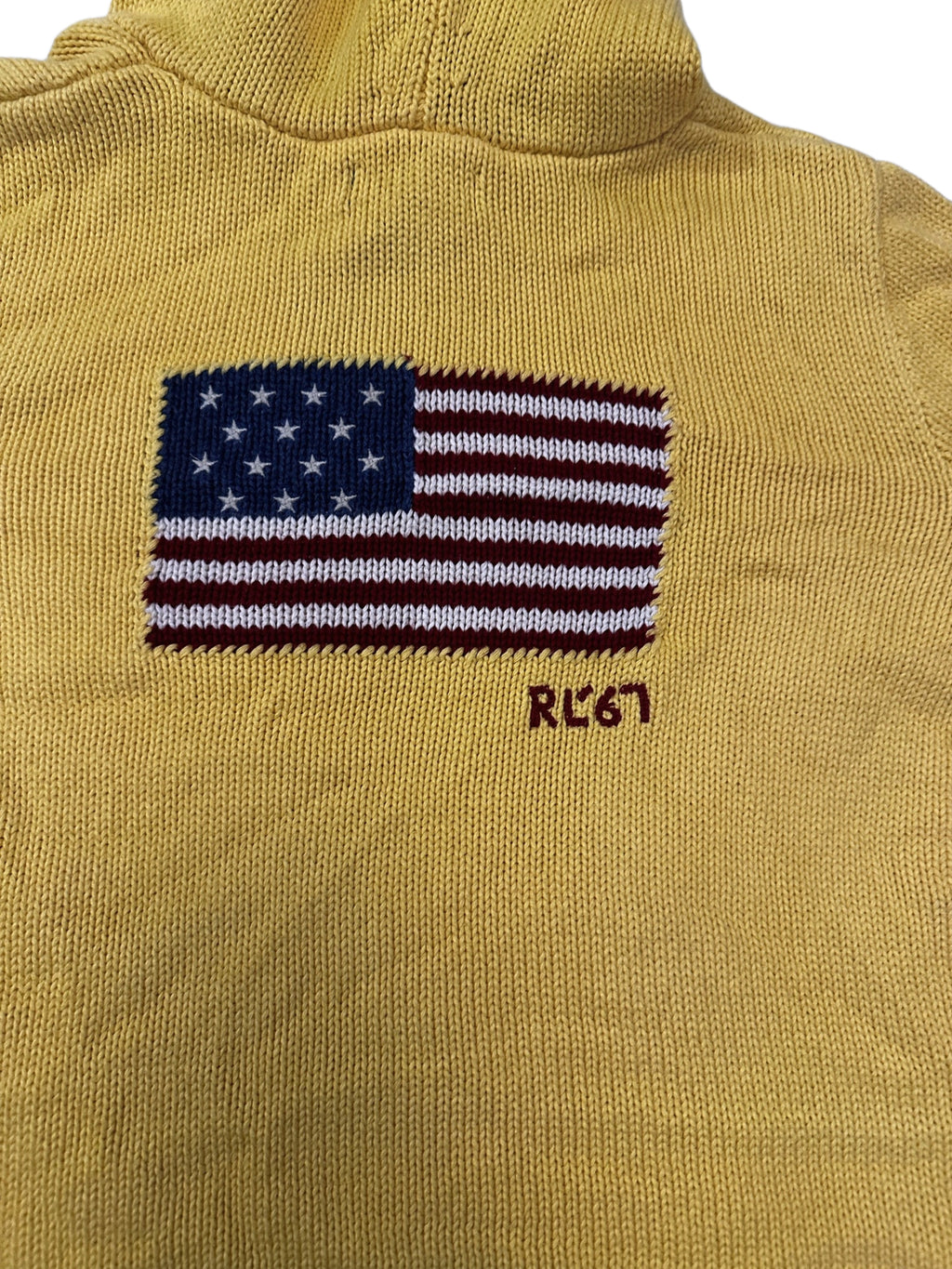 Ralph Lauren Mustard Yellow Zip-Up Knit Hoodie with Faux Fur Trim & Flag Back