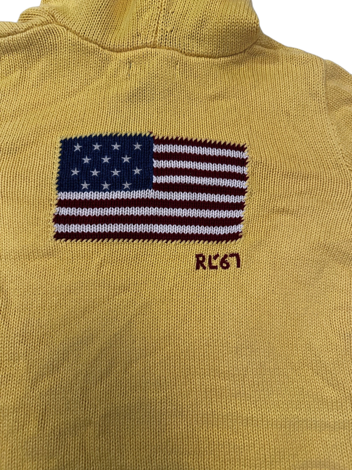 Ralph Lauren Mustard Yellow Zip-Up Knit Hoodie with Faux Fur Trim & Flag Back