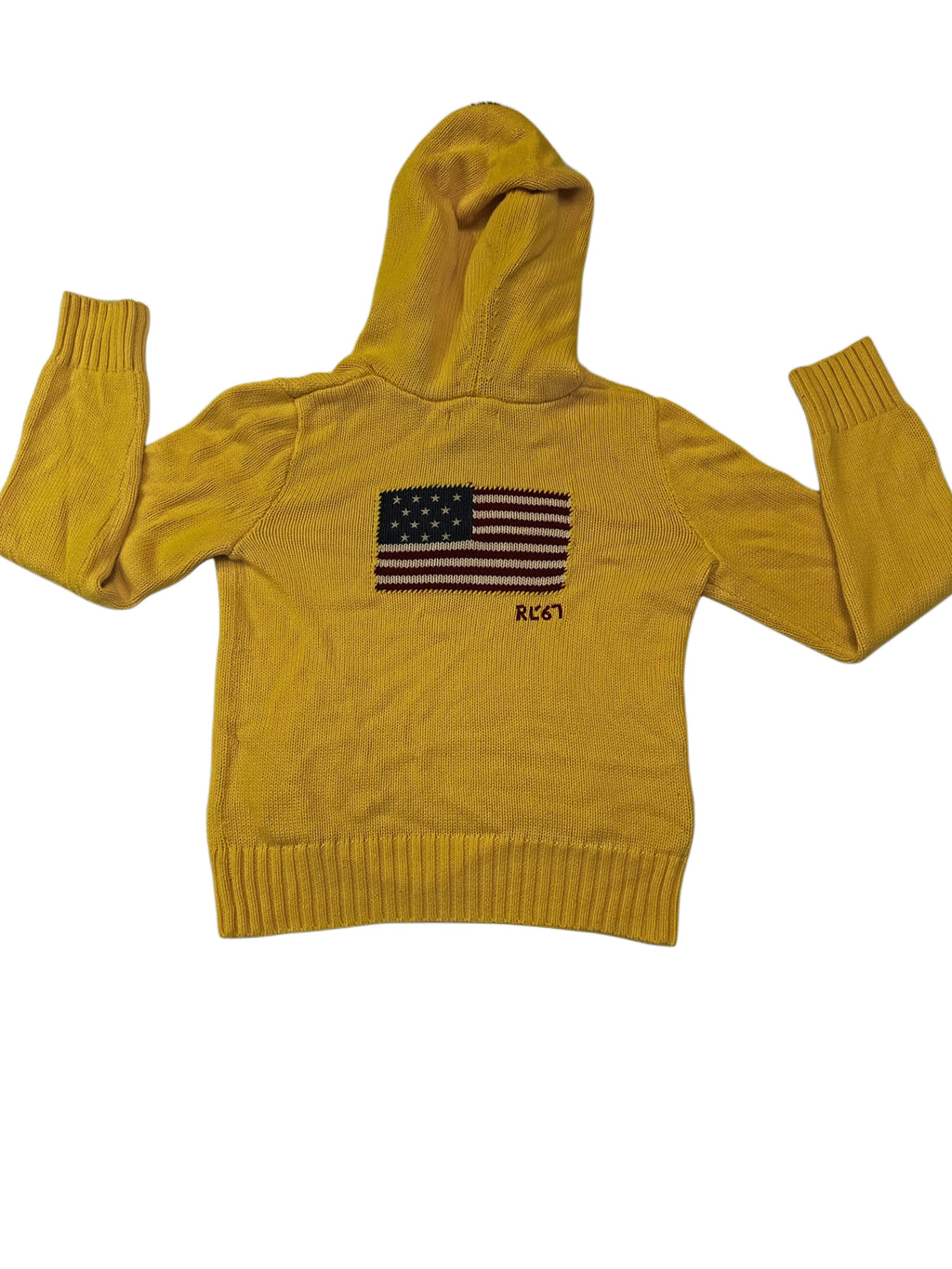 Ralph Lauren Mustard Yellow Zip-Up Knit Hoodie with Faux Fur Trim & Flag Back