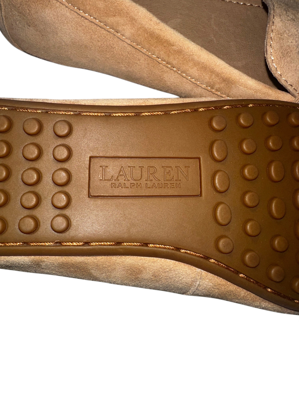 Lauren Ralph Lauren Tan Suede Loafers with Gold RL Logo