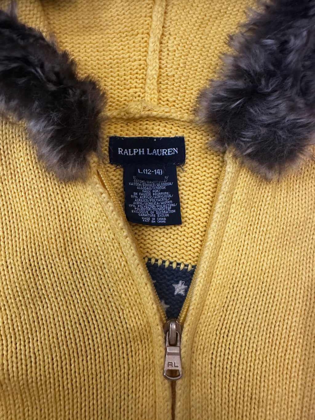 Ralph Lauren Mustard Yellow Zip-Up Knit Hoodie with Faux Fur Trim & Flag Back